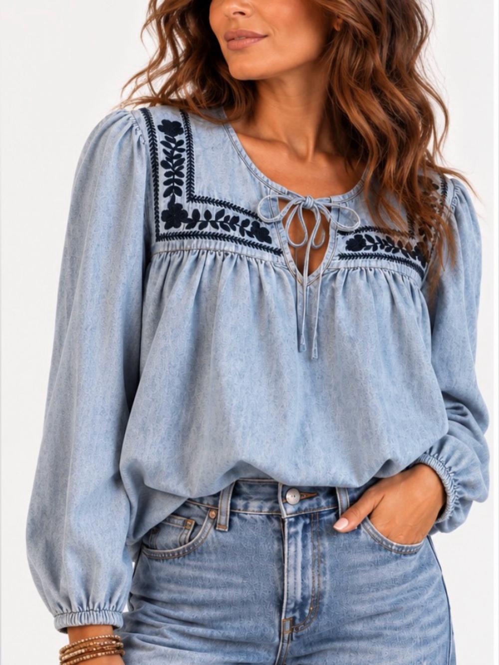 JODIFL Light Blue Peasant Blouse with Navy Embroidery